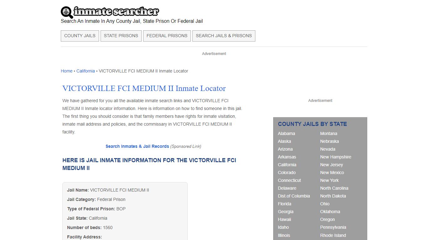 VICTORVILLE FCI MEDIUM II Inmate Locator - Inmate Searcher